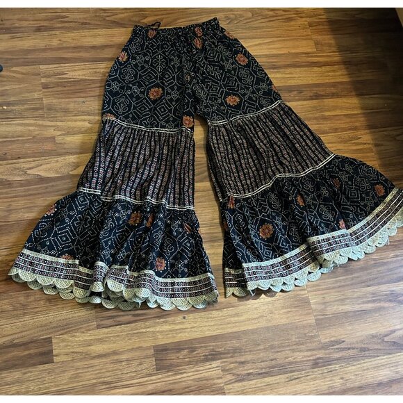 Boho Floral Print Wide Leg Bell Bottom Pants XL Festival Hippie Indie Gypsy Retr - Picture 1 of 12